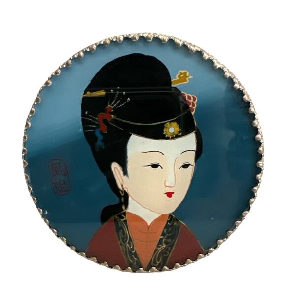 Vintage Hand Painted Geisha Courtesan Mirrored Powder Box Trinkets or Jewelry - Picture 1 of 8